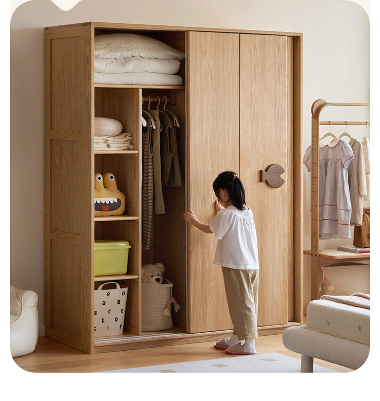 Oak Solid Wood Children's Sliding Door Wardrobe Storage Cabinet