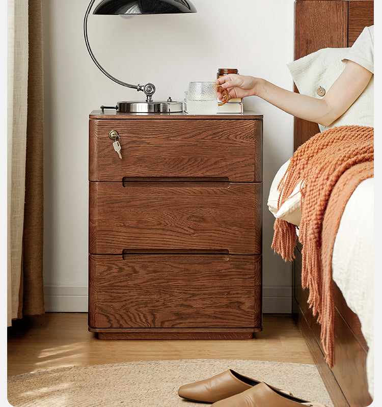 Oak Solid Wood Nightstand with Lock.