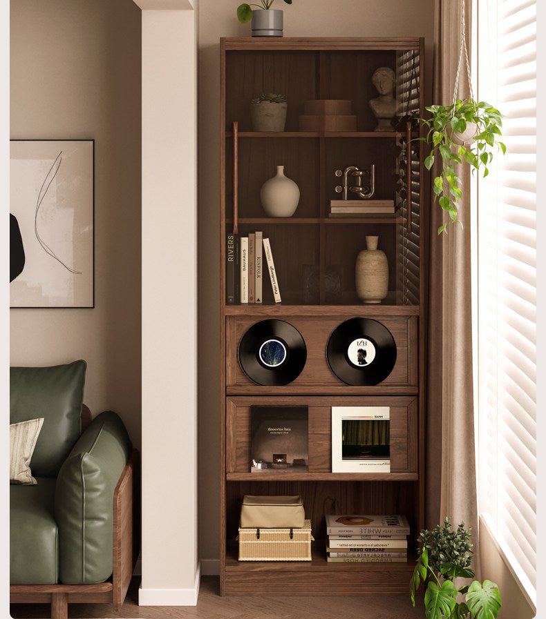 Black Walnut, Oak Solid Wood Floor-Standing Bookcase with Luxury Storage Cabinet