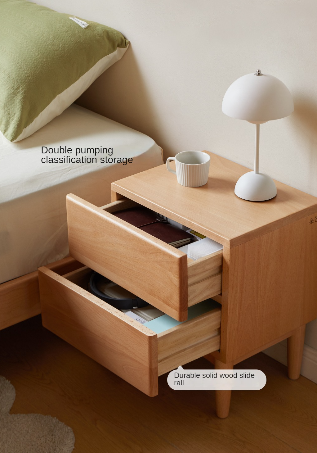 Beech Solid Wood Nightstand and Elevated Storage Rack, Bedside Bookshelf.