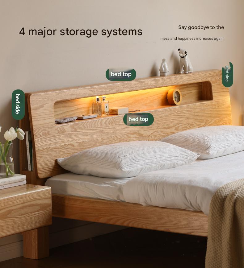 Oak, Beech Solid Wood With Light And Bookshelf Bed