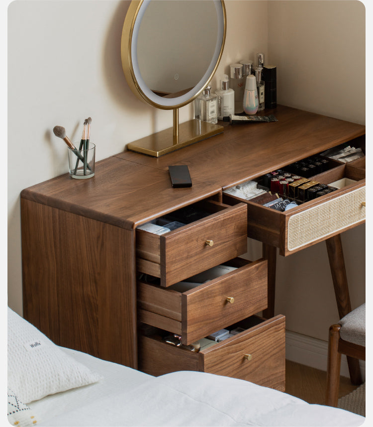 Black Walnut Solid Wood Rattan Dressing Table.