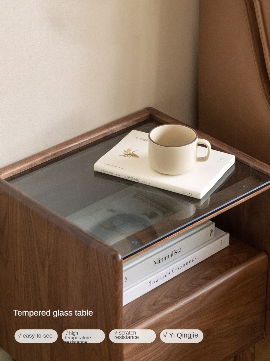 Black walnut, Caluswood Solid Wood Night Stand Glass Countertop