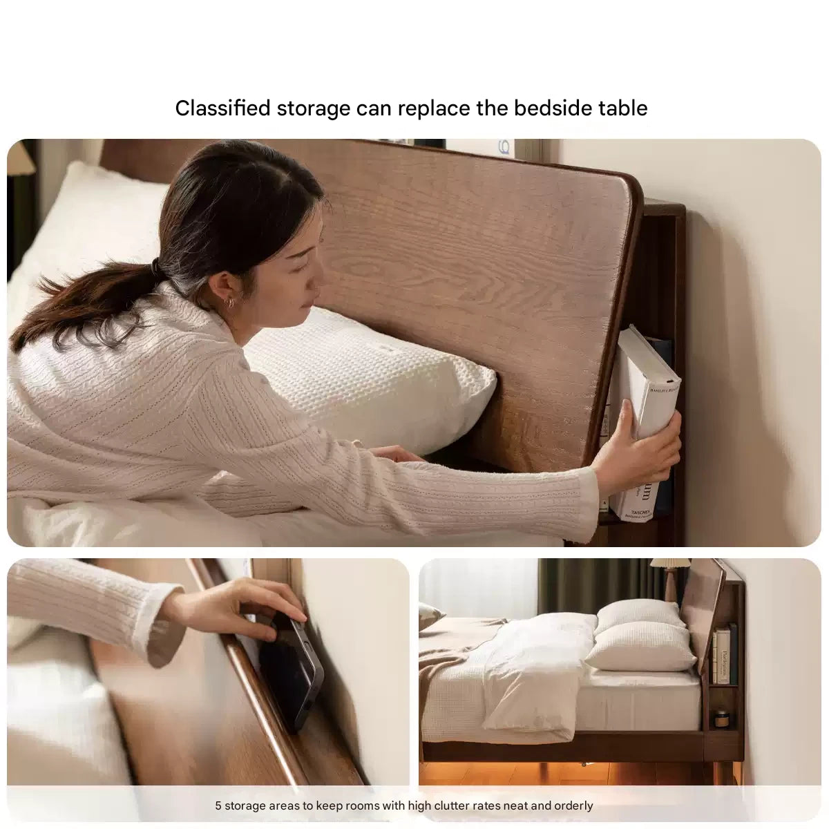 Oak solid wood bed with light, storage space