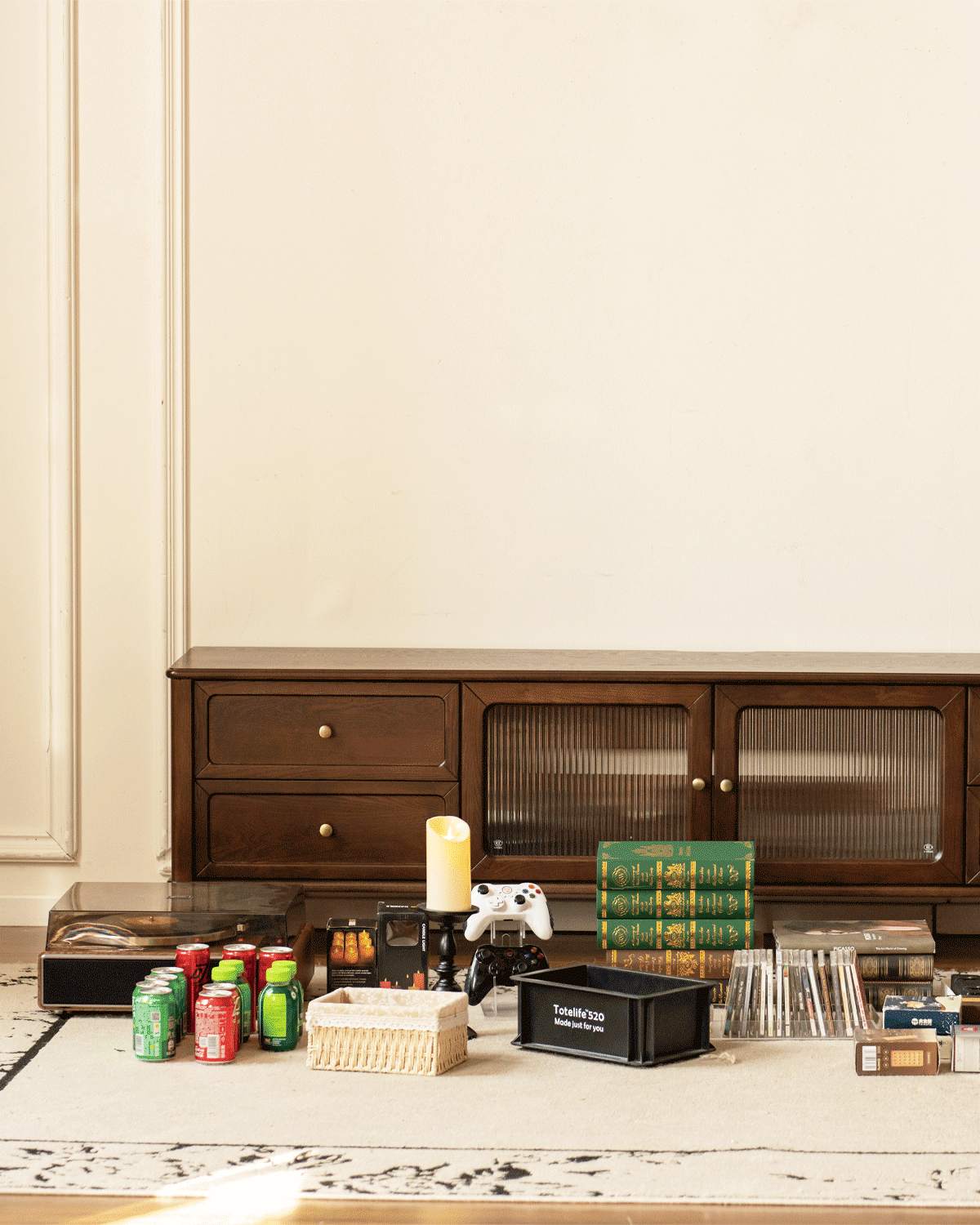 Ash Solid Wood Vintage TV Console with Fluted Glass Doors