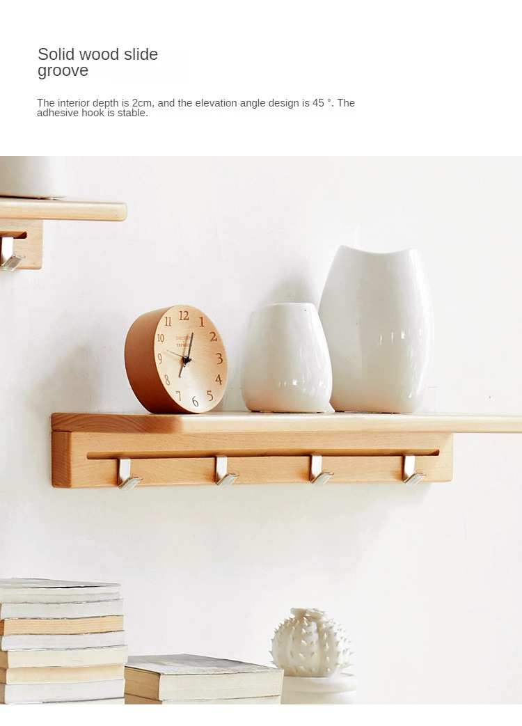 Beech Solid Wood Wall Shelf With Hooks