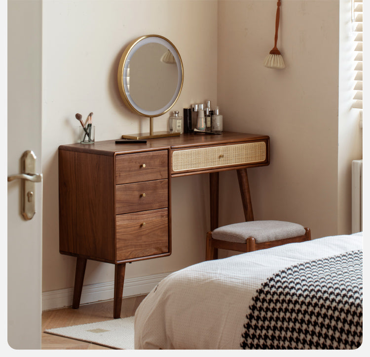 Black Walnut Solid Wood Rattan Dressing Table.