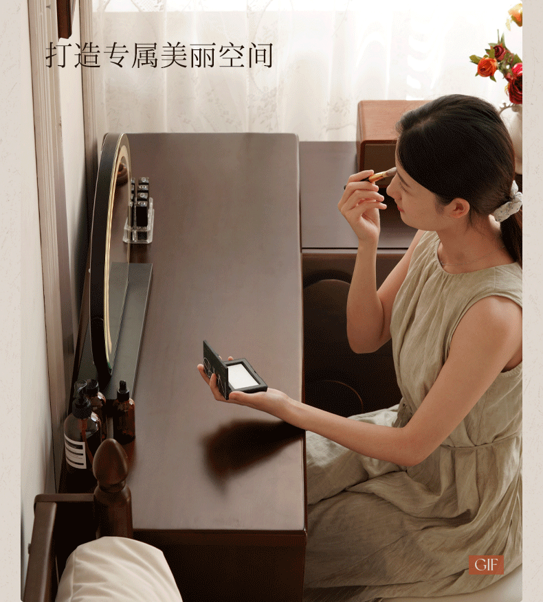 Poplar Solid Wood Retro Medieval Style Rotating Vanity Table.