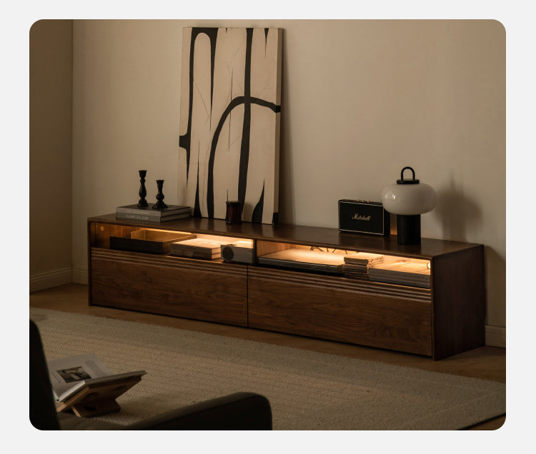 Black Walnut, Oak Solid Wood TV Cabinet LED Light Floor Cabinet.