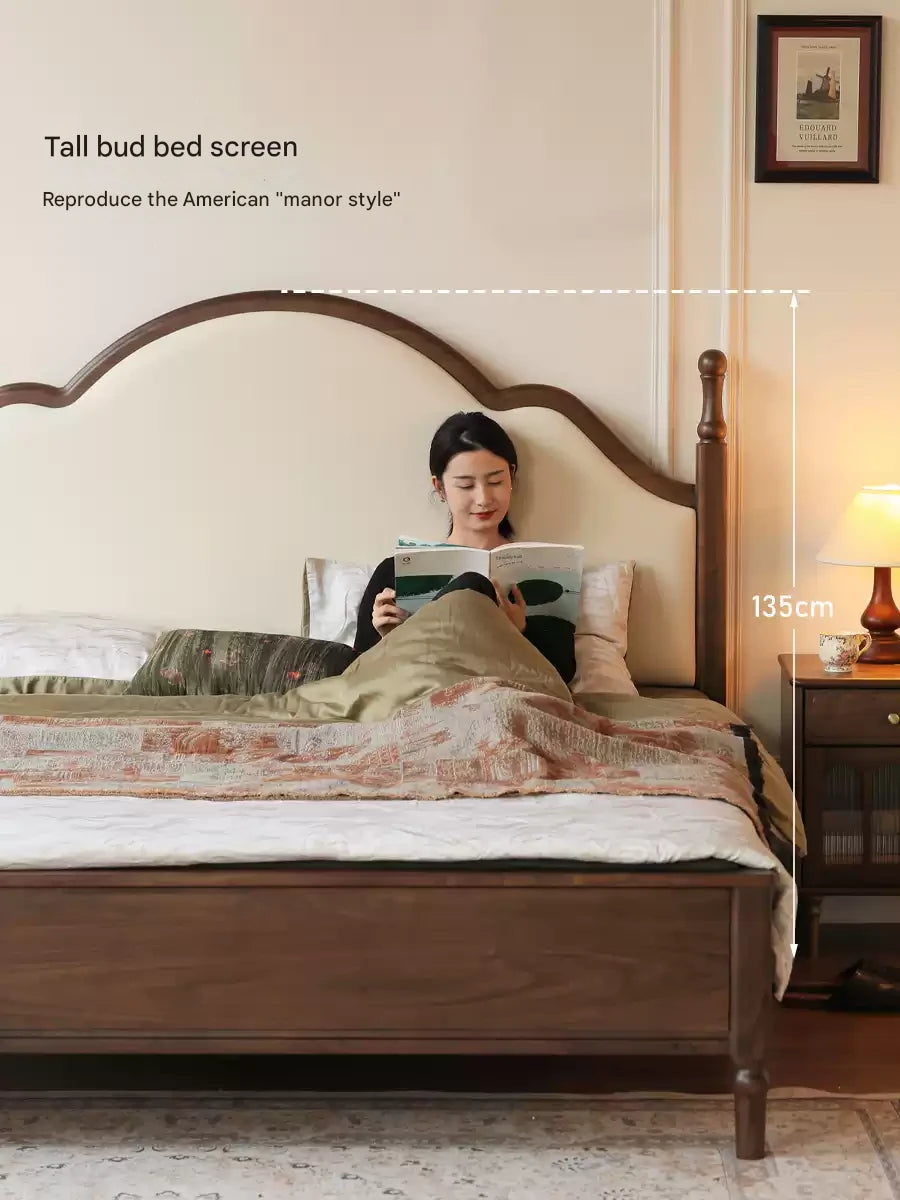 Black Walnut, Poplar Solid Wood Double Bed with Soft Backrest, Retro American Style