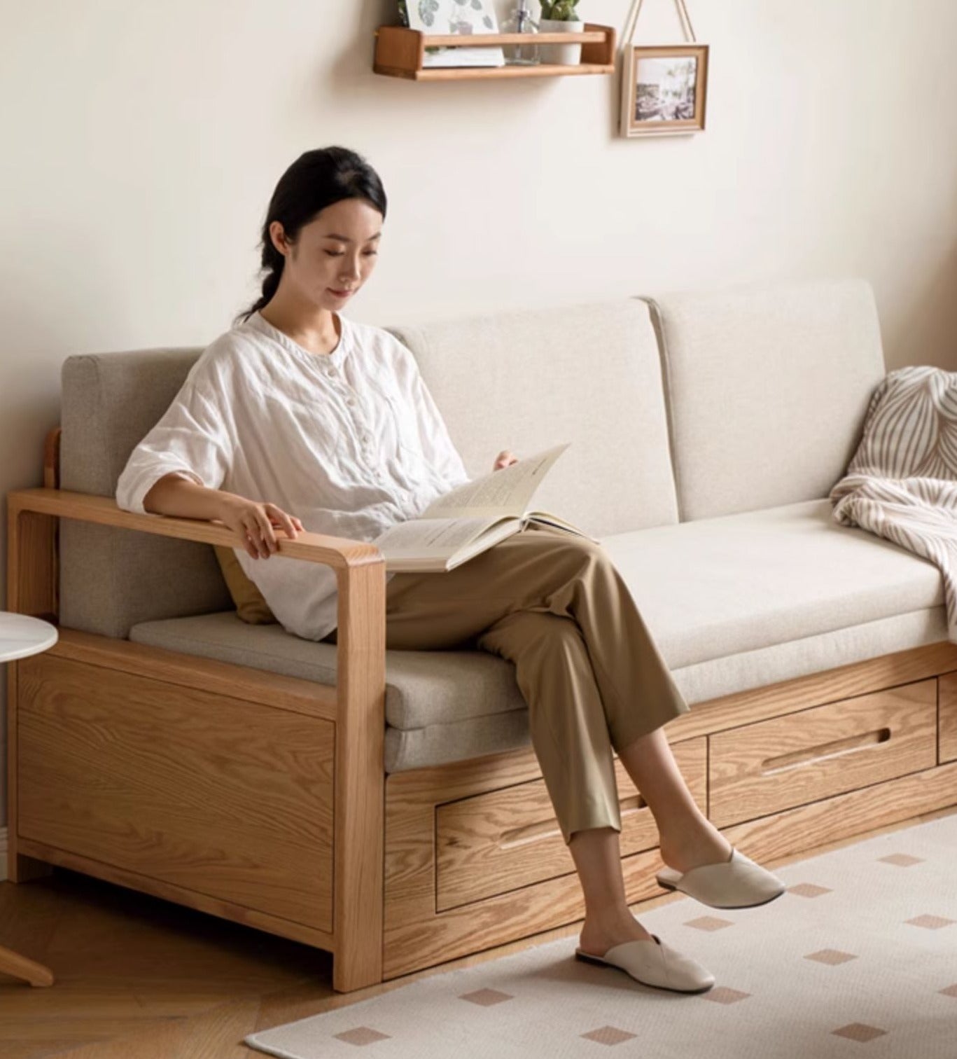 Oak, Ash Solid Woof Folding Storage Sofa Bed.