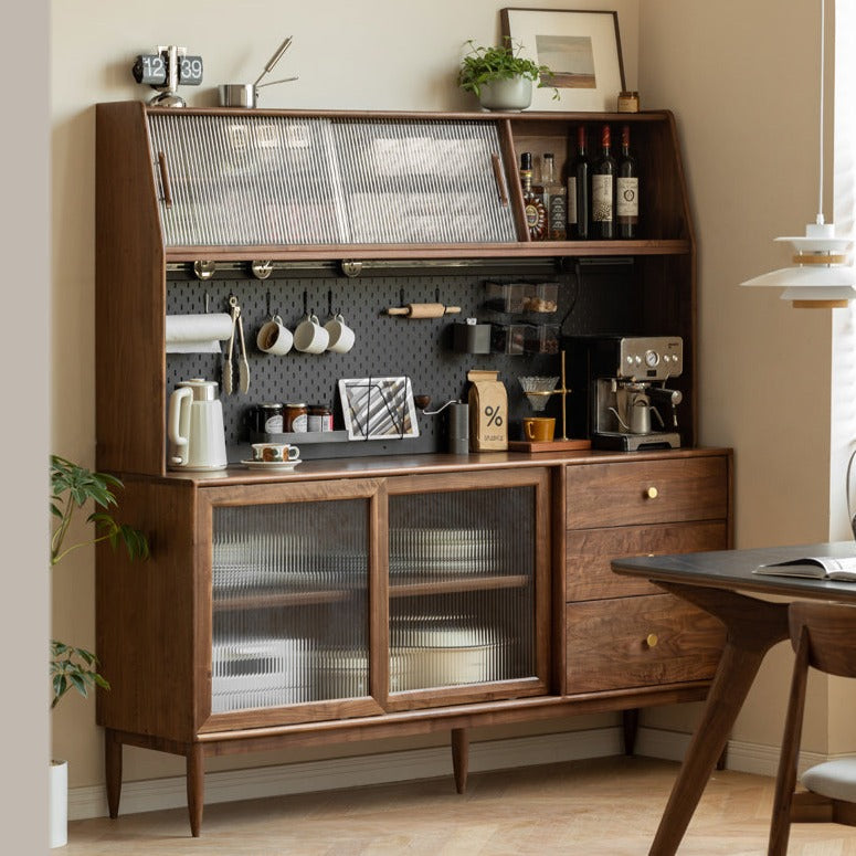 Black Walnut Solid Woof Sideboard Integrated High Cabinet Glass