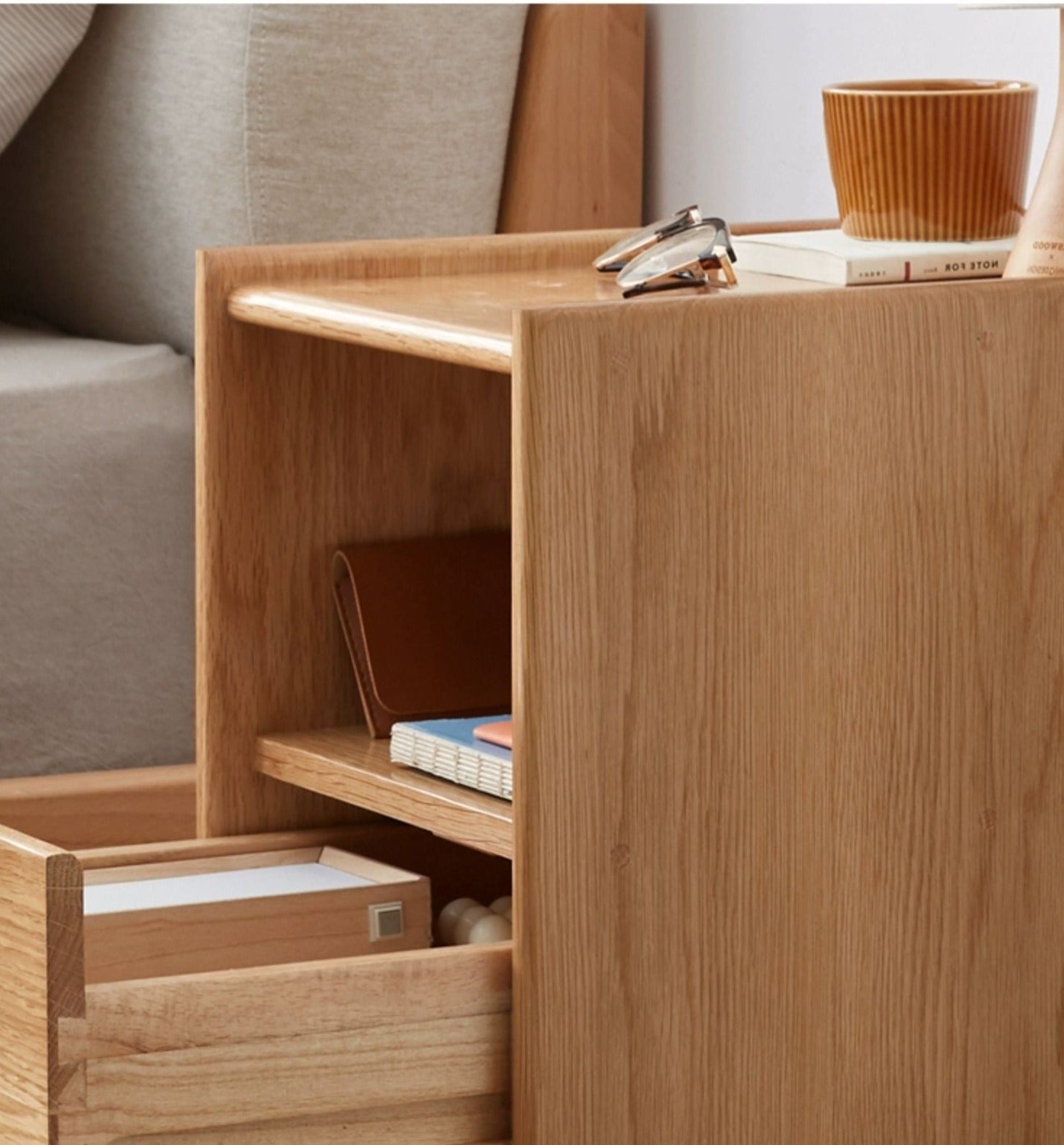 Oak Solid Wood, Solid Rubberwood Ultra-Narrow Nightstand.