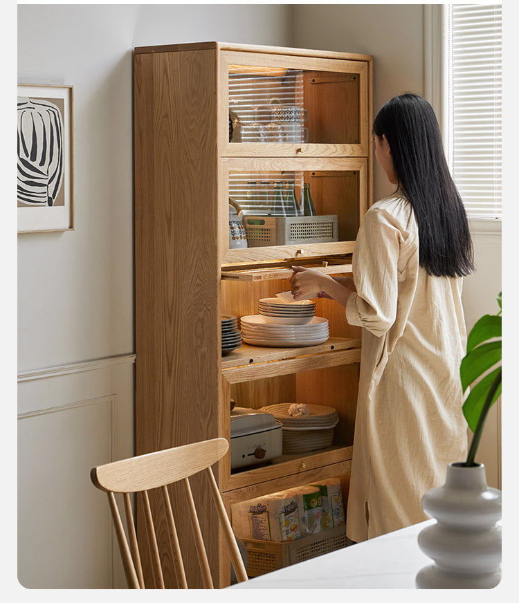 Solid Rubberwood, Oak Solid Wood Multi layer Flip Door Glass Bookcase
