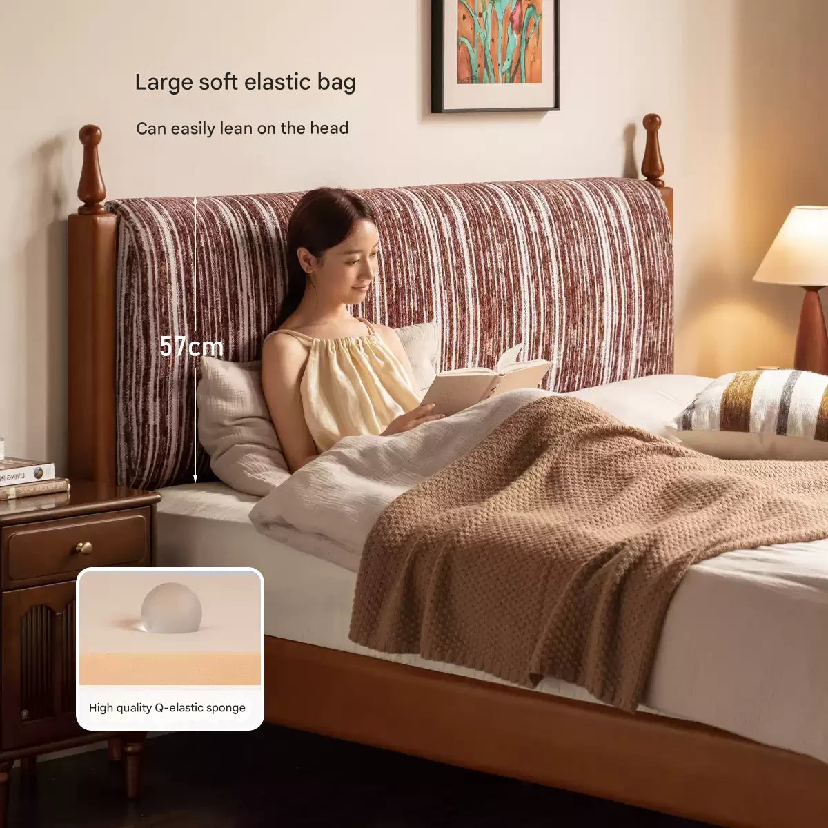 Ash Solid Wood Fabric Retro Edge Detachable Washable Soft Leaning Bed