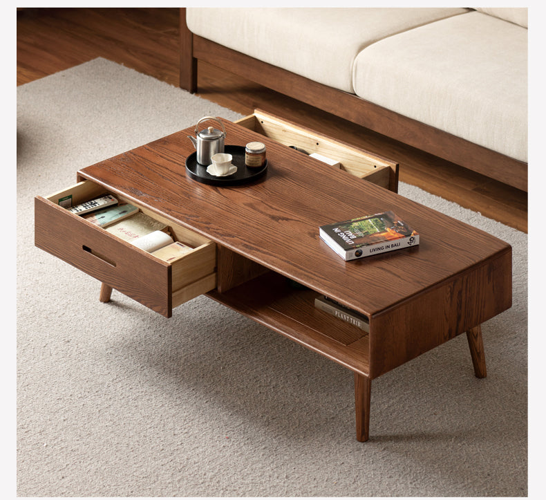 Oak, Solid Rubberwood Two-Drawer Coffee Table Walnut Color