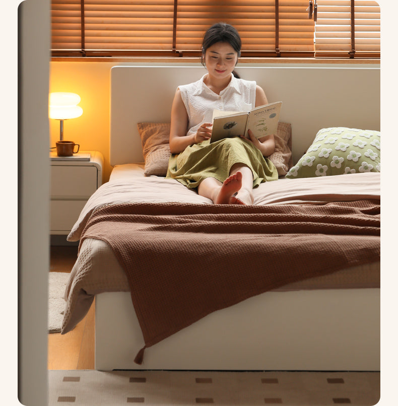 Rubber Wood,Poplar Solid Wood Box Bed, Cream Storage Bed