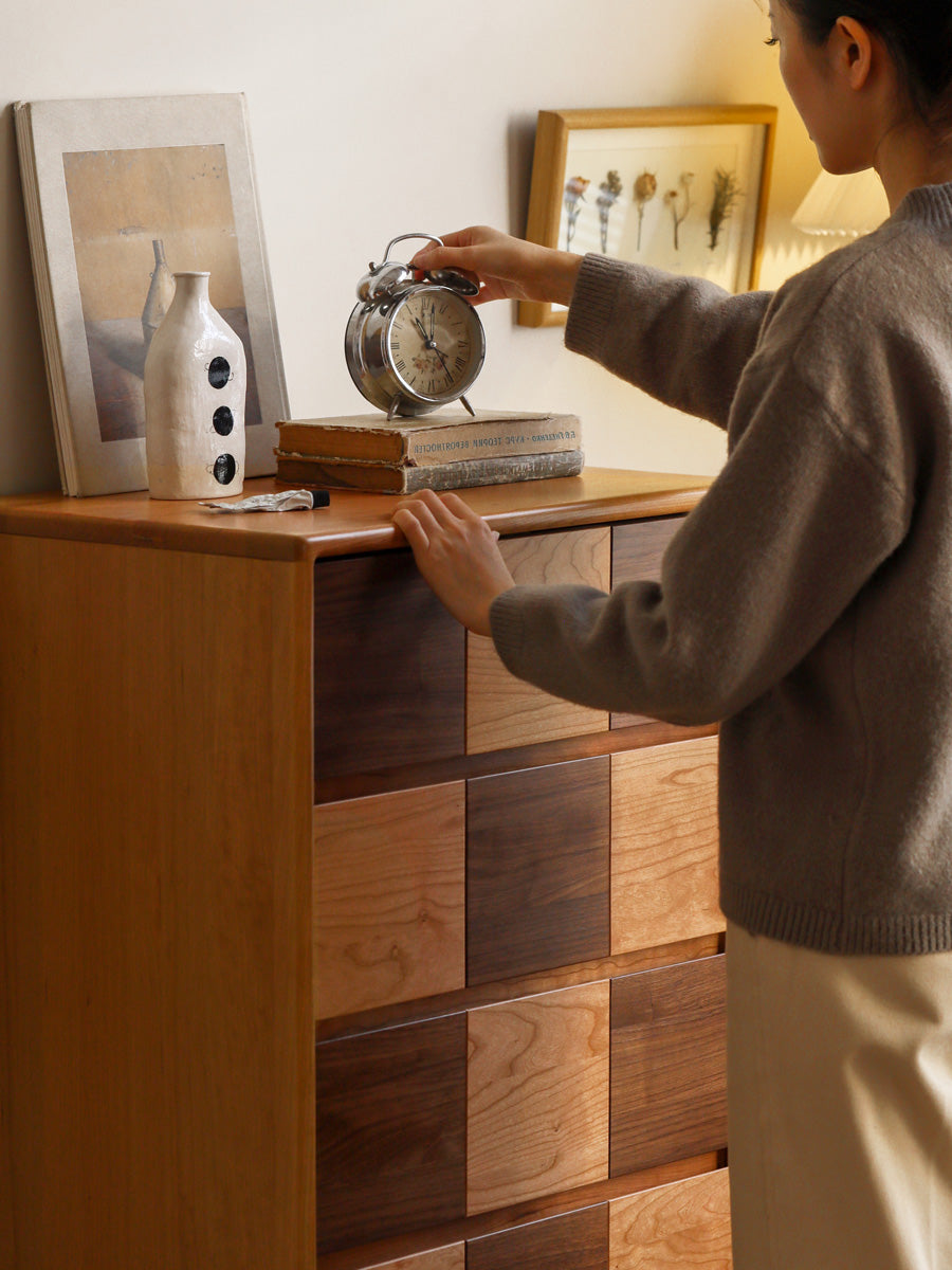 Cherry Solid Wood Retro Chest of Drawers Checkerboard
