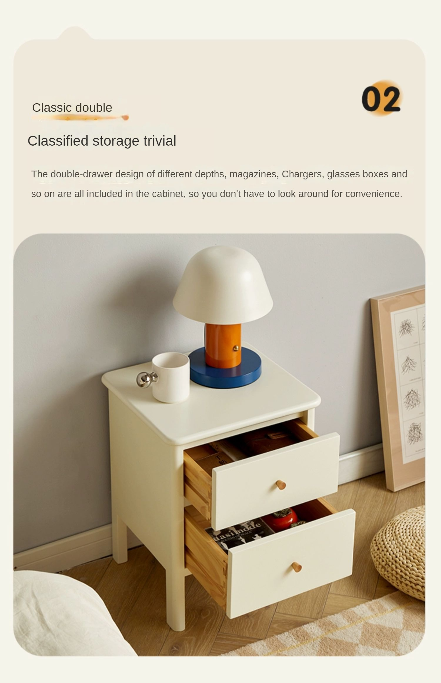 Pine Solid Wood White Luxury Nightstand.