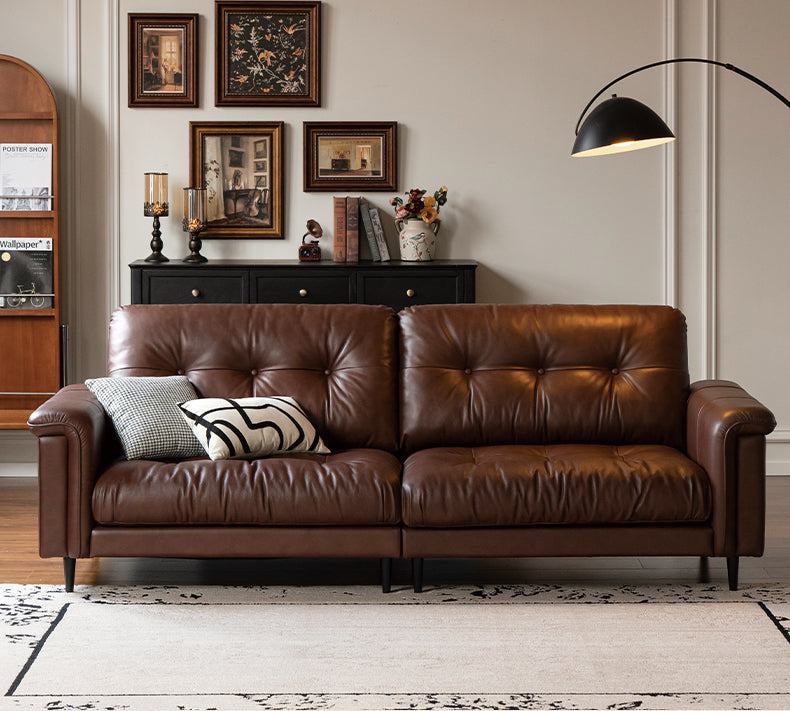 Leather Sofa American Retro Top Layer Cowhide Straight Sofa,