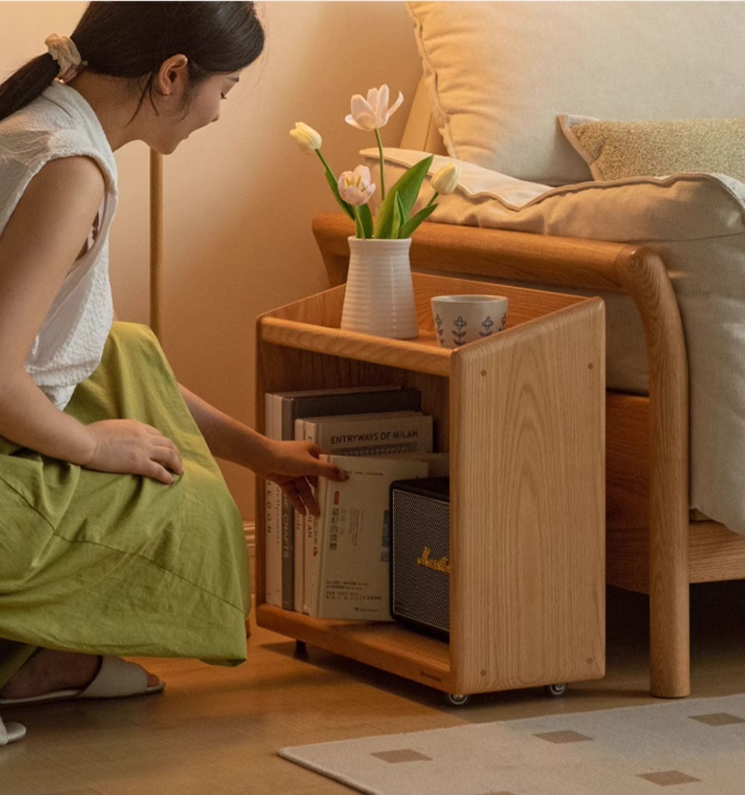 Oak, Rubberwood Solid Wood Under-desk Mobile Bookshelf