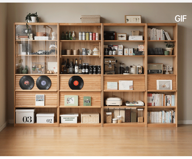 Oak, Beech Solid Wood Bookcase With Glass Door Floor-Standing Bookshelf Multi-Layer Storage Rack Free Combination Display Cabinet