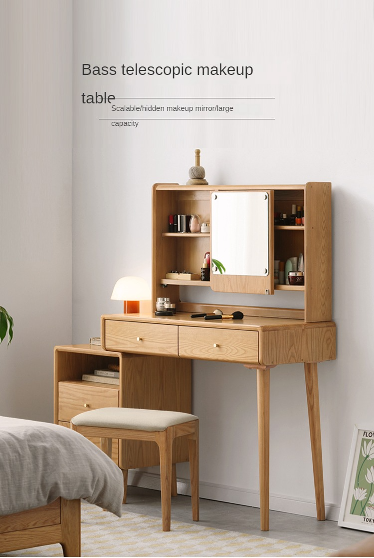 Ash Solid Wood Vanity Table with Mirror Shelf & Flip Cover.