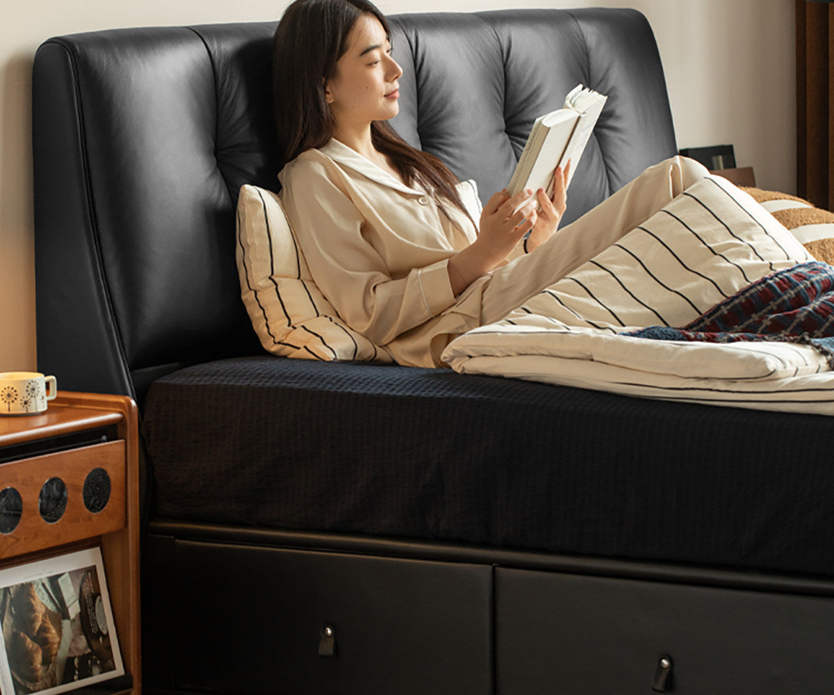 Genuine Leather Storage Bed with Tufted Headboard and Drawers