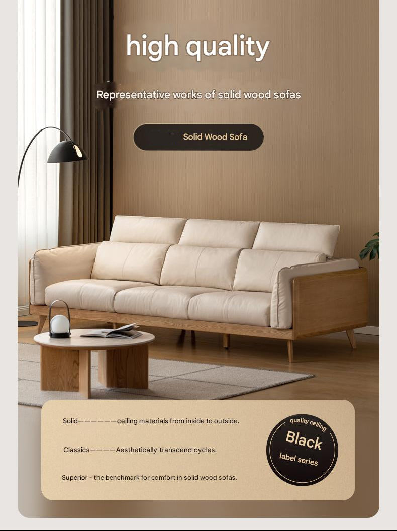 Ash Solid Wood Sofa Genuine leather, fabric High-Back Design