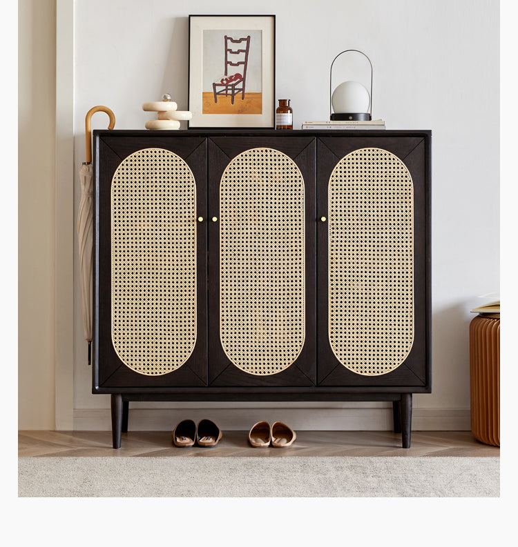 Oak Solid Wood Black Rattan Shoe Cabinet