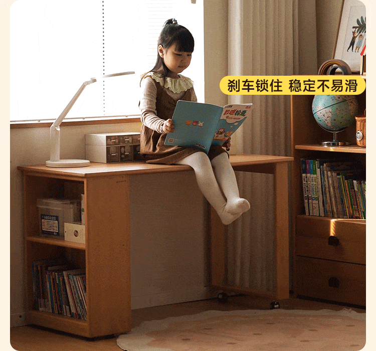 Beech, Solid Rubberwood Children's Desk with Pulleys Movable Storage