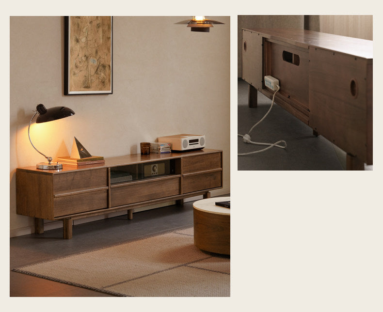 Black Walnut Solid Wood Luxury Style TV Cabinet with Slab Top and Storage