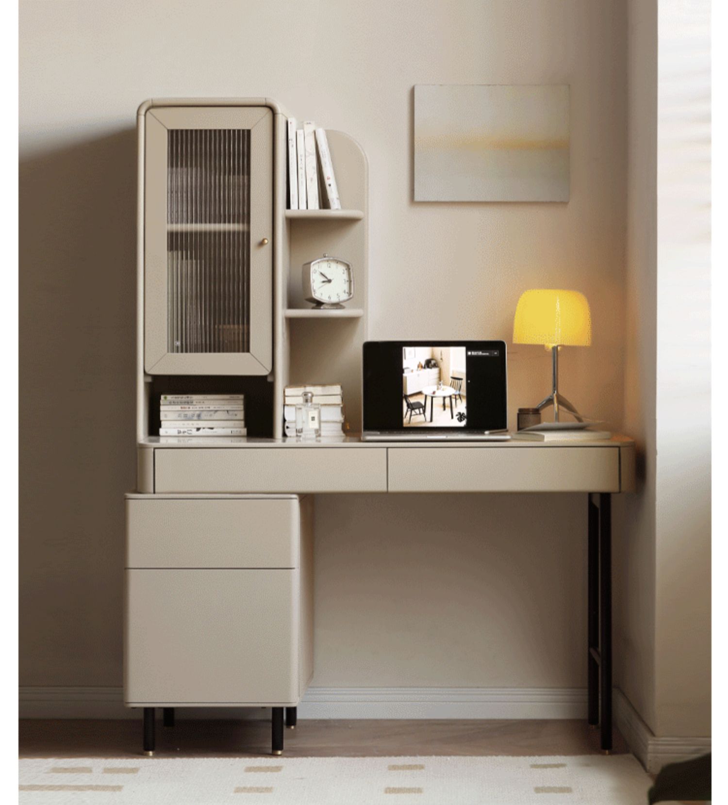 Poplar Solid Wood Telescopic Desk with Bookcase Light Luxury
