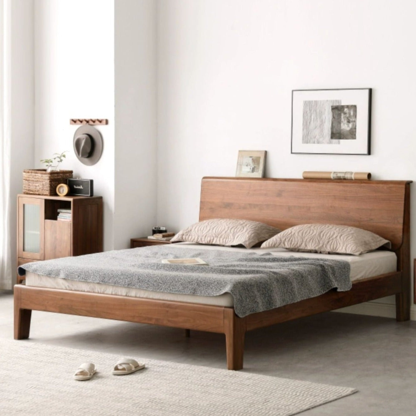 Black Walnut, Teak,Ash Solid Wood Bed Nordic Modern
