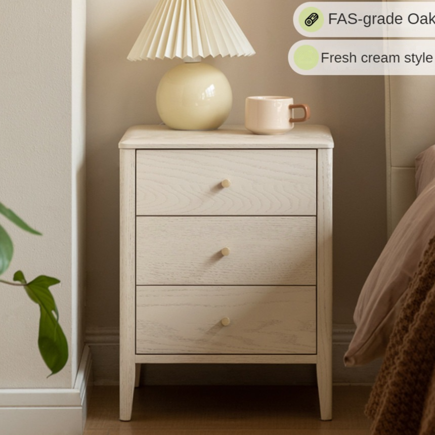 Oak Solid Wood, Solid RubberWood Nightstand Cream Style)