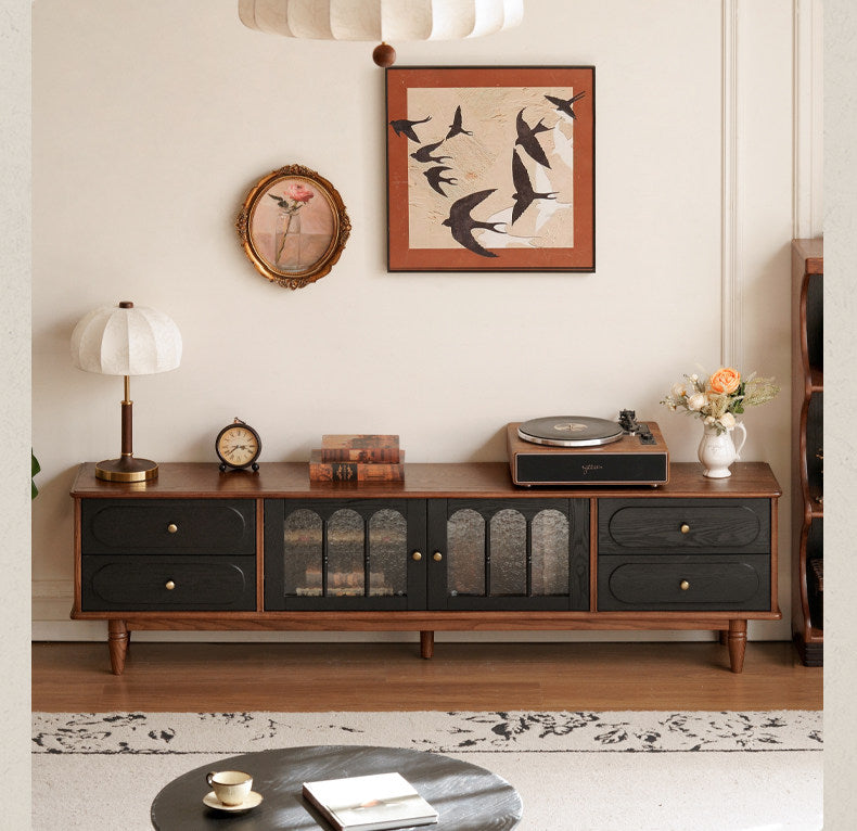 Black Walnut, Ash Solid Wood TV Cabinet with Integrated Storage, Vintage Style Floor Cabinet