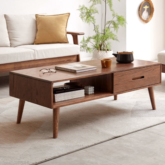 Oak, Solid Rubberwood Two-Drawer Coffee Table Walnut Color