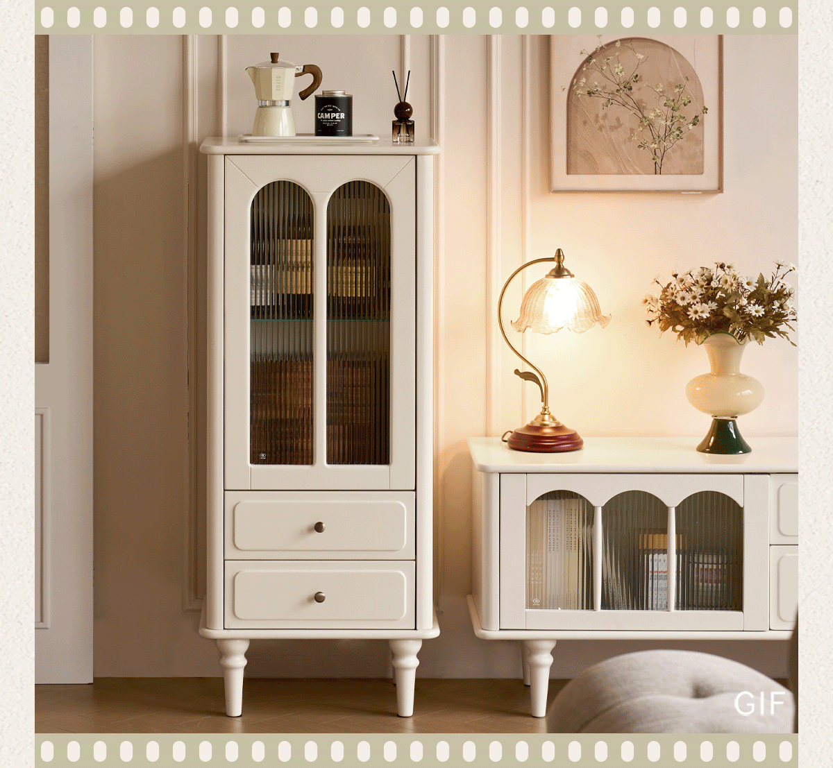Solid RubberWood French Accent Cabinet with Round Arch Glass Doors and Turned Legs