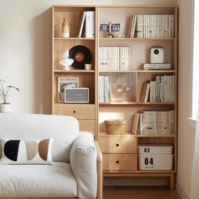 Beech Solid Wood Bookcase with Spacious Cabinet Storage