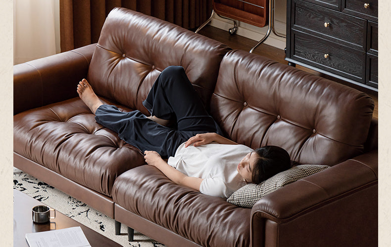 Leather Sofa American Retro Top Layer Cowhide Straight Sofa,
