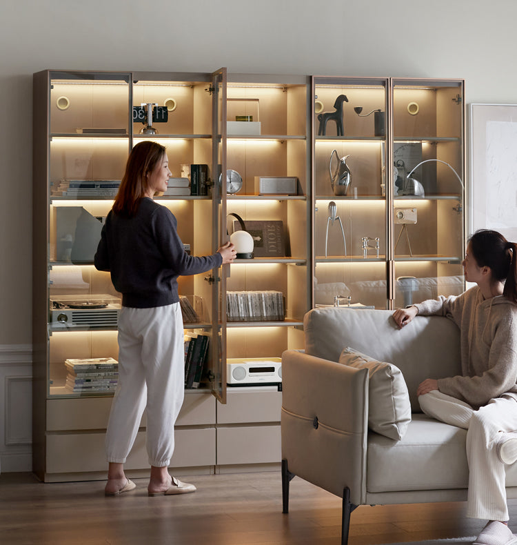 Solid RubberWood Combination Bookcase, Glass Door Cabinet