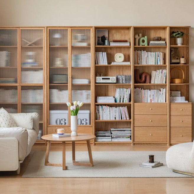 Oak Solid Wood Nordic Style Bookshelf with Floor Storage Cabinet