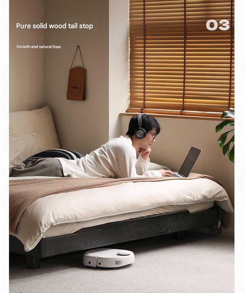 Oak, Rubberwood, Ash Solid Wood Suspended Platform Bed, Headboard-Free Bed Black with Light