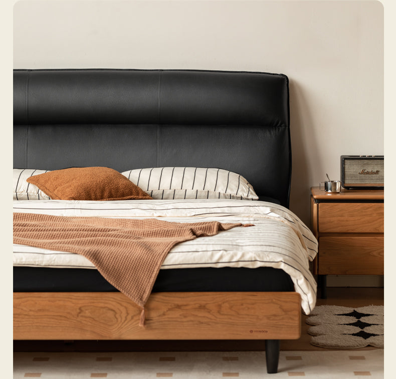 Cherry Solid Wood Suspended Leather Soft Bed Light Luxury.