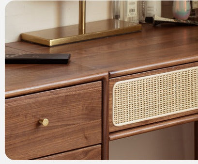 Black Walnut Solid Wood Rattan Dressing Table.