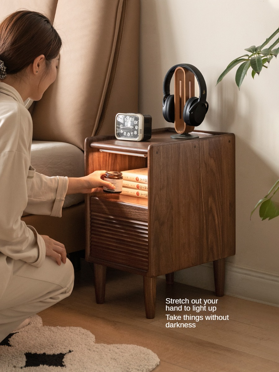 Black Walnut Solid Wood Nightstand Narrow Night Light:
