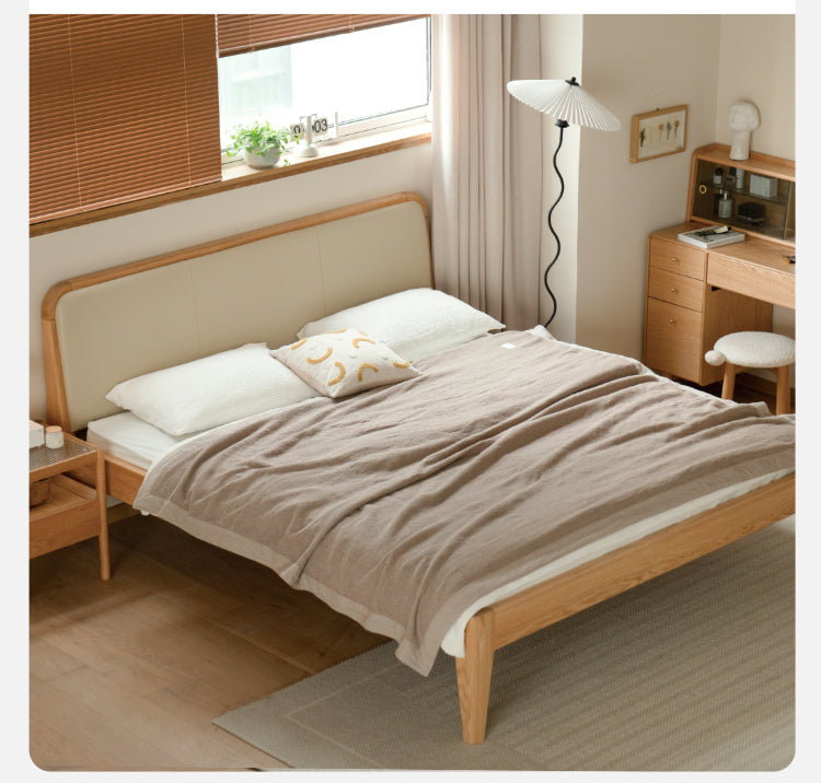 Oak Solid Wood Bed Modern Genuine Leather,Technology Cloth, Fabric