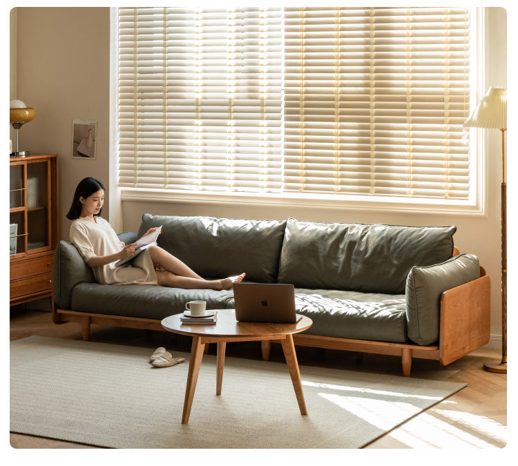 Cherry Wood Sofa Genuine Leather, Fabric-