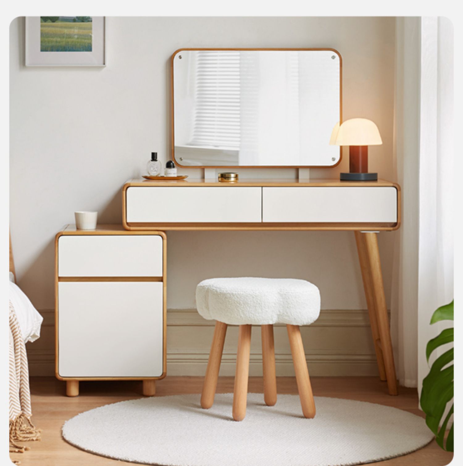 Beech, Solid Rubberood Lamb Velvet Cloud Makeup Stool