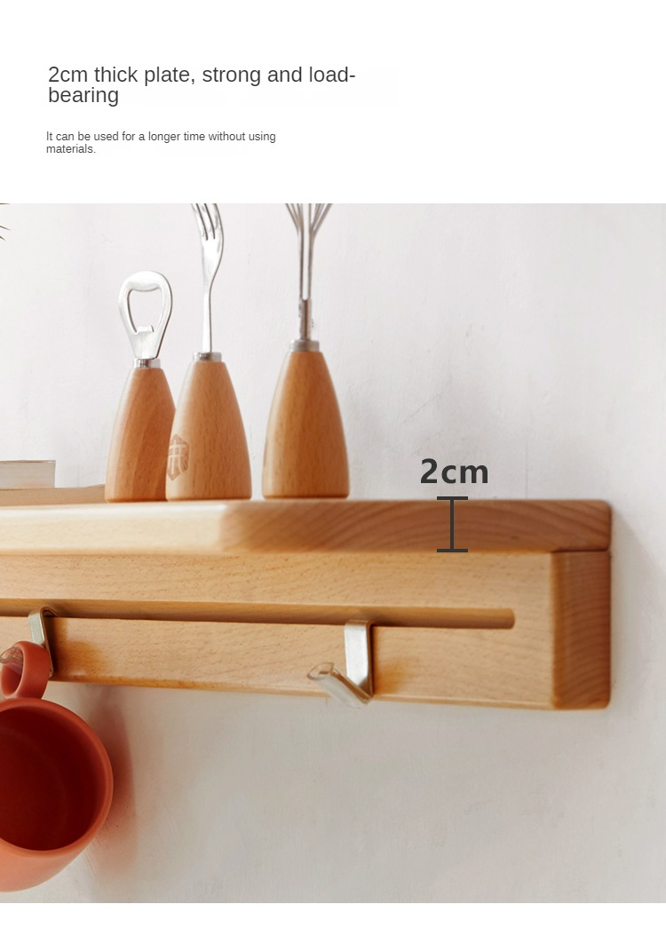 Beech Solid Wood Wall Shelf With Hooks